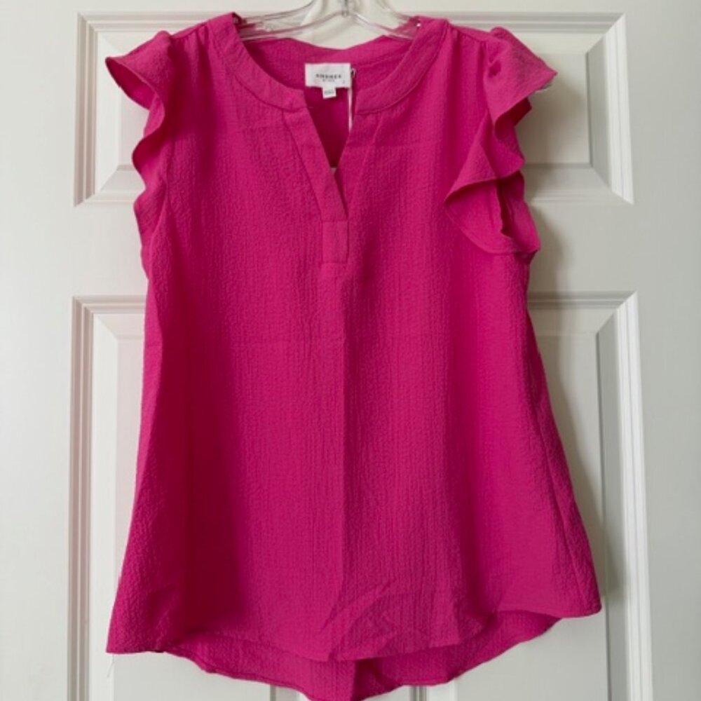 NWT Andree by Unit Hot Pink Ruffled Sleeve Split Neck Blouse Top Women Sz Small
